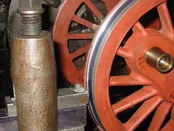  Cutting the inside taper on the flange. We are almost done with this wheel - notice how the bluing has been removed up to the inside radius on the tread.
